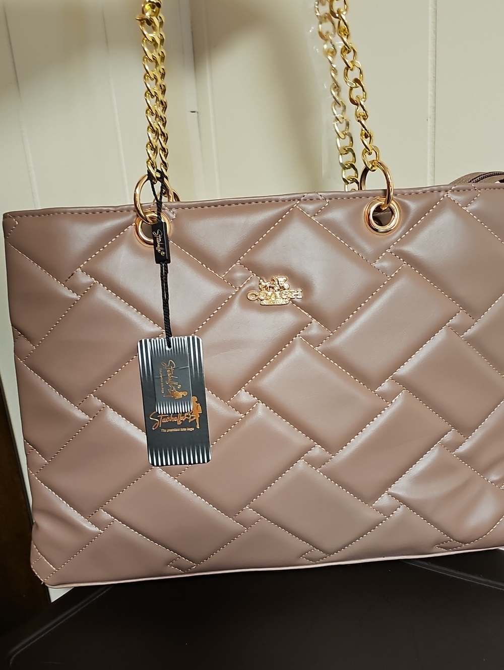 Coach Quilted Tote in Taupe with Gold Chain Handles